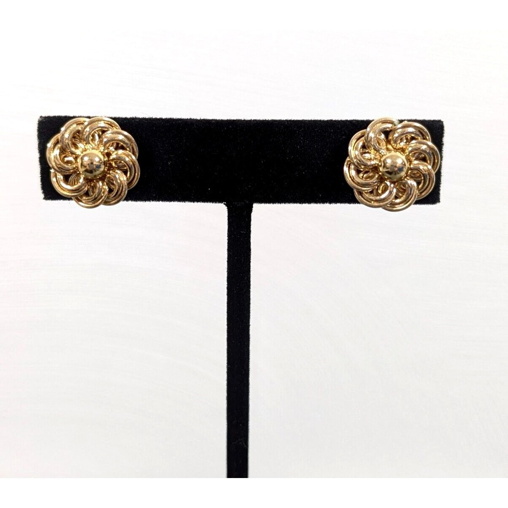 Vintage Gold Tone Round Chain Halo‎ Flower Clip On Earrings Stud